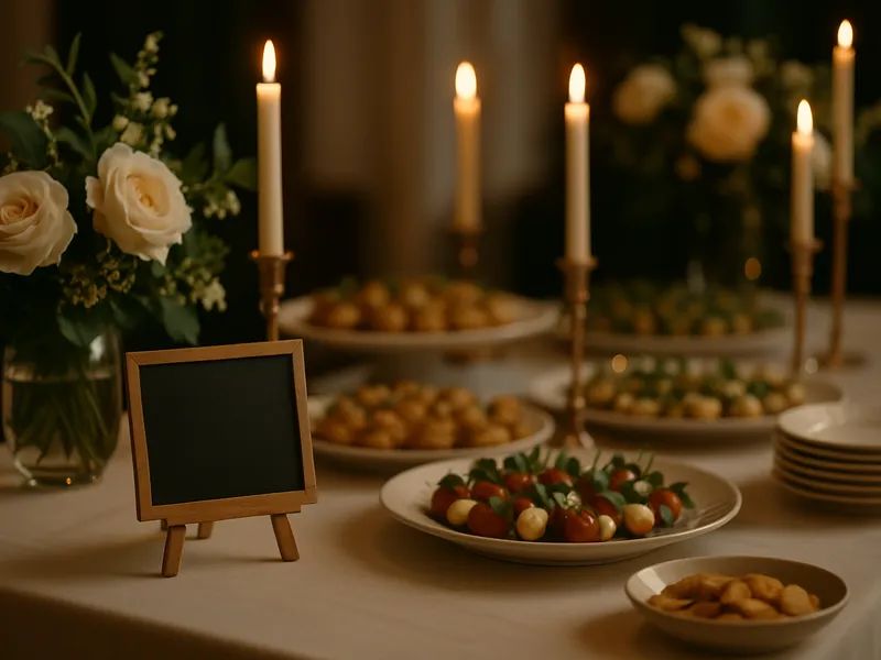 Gedeckter Tisch mit Kerzen und einer Kreidetafel im Hintergrund