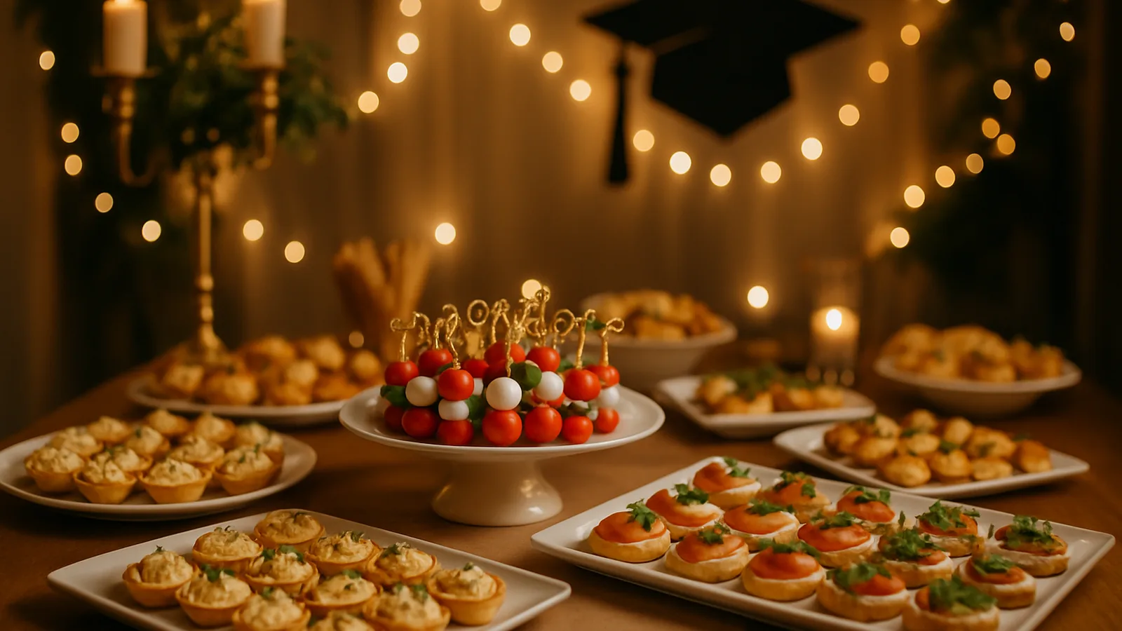 Buffet mit Fingerfood-Platten in festlichem Ambiente für einen Abiball