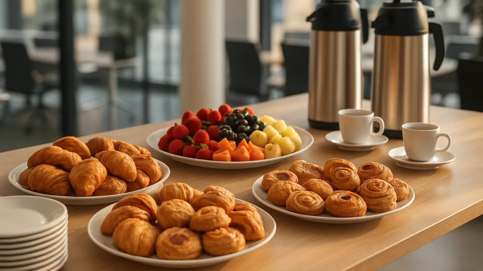 Business-Frühstücksbuffet mit Gebäckkörben und Obstschalen