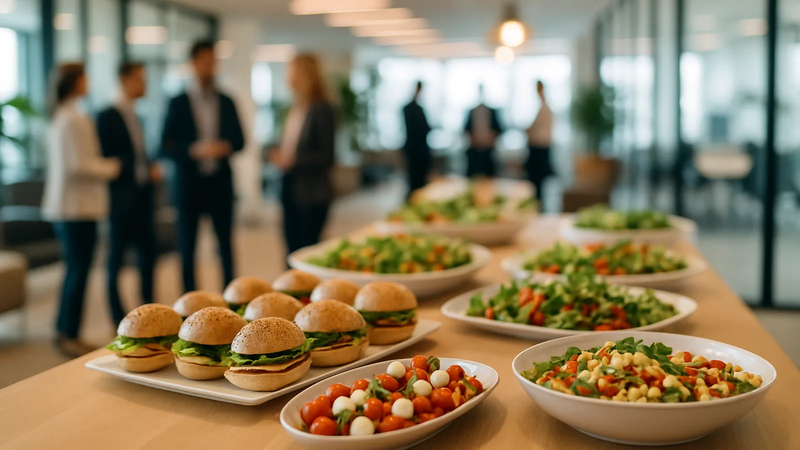 Angerichtetes Firmencatering-Buffet in einem hellen Aufenthaltsbereich