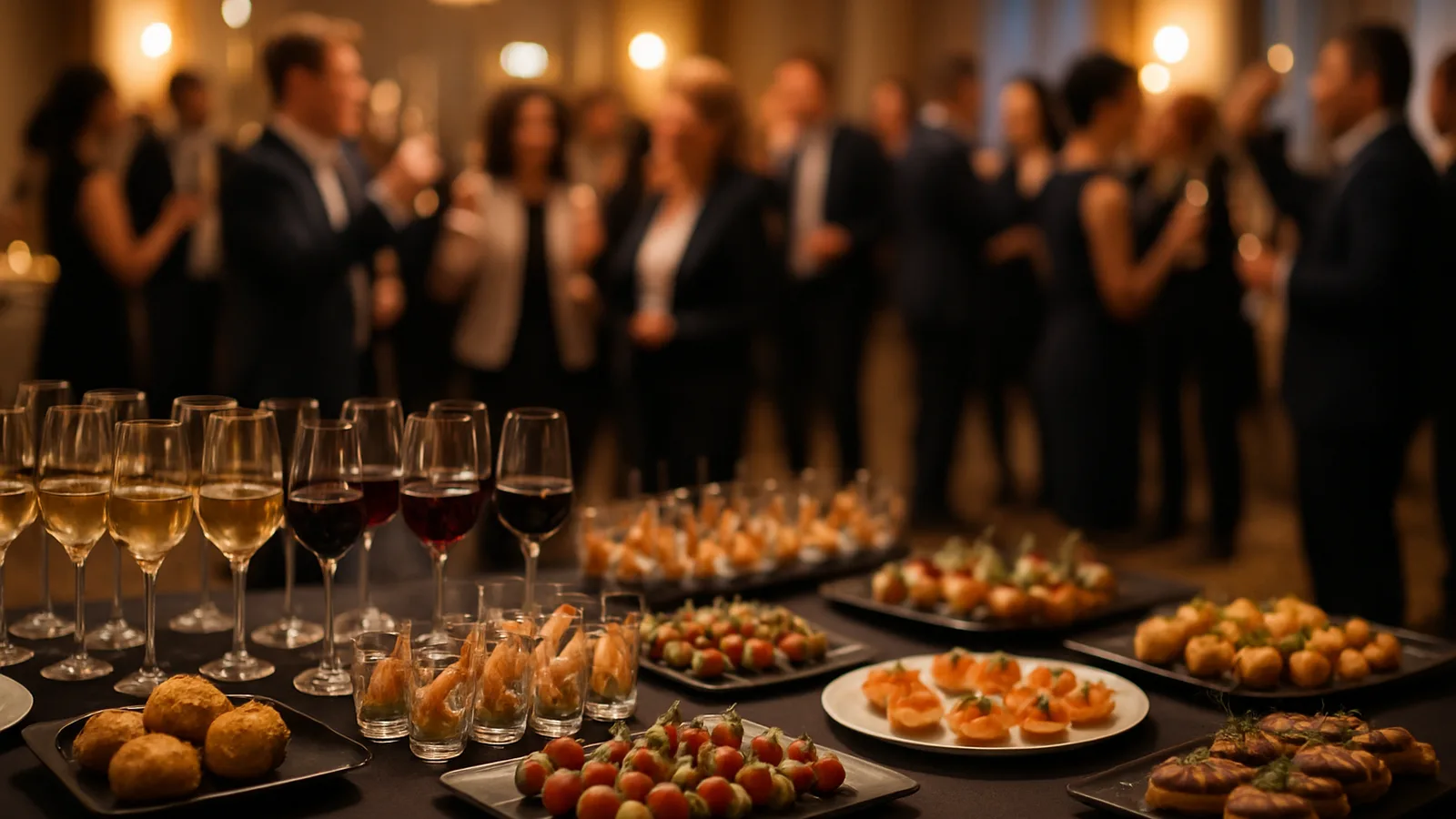 Angerichtetes Fingerfood-Buffet mit Getränken auf einer Betriebsfeier