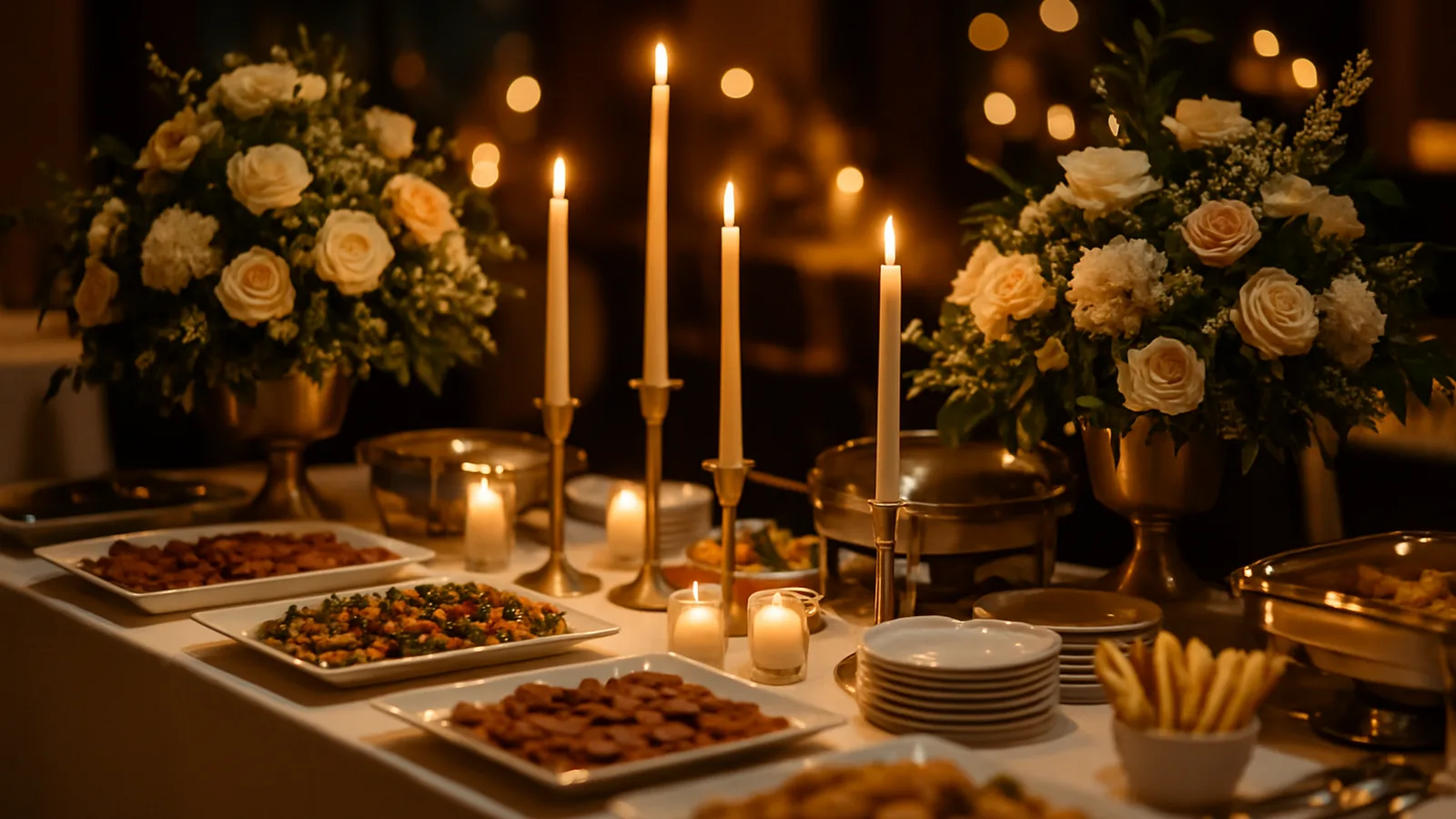 Blumengeschmückte Festtafel mit Buffet zur Jubiläumsfeier eines Unternehmens