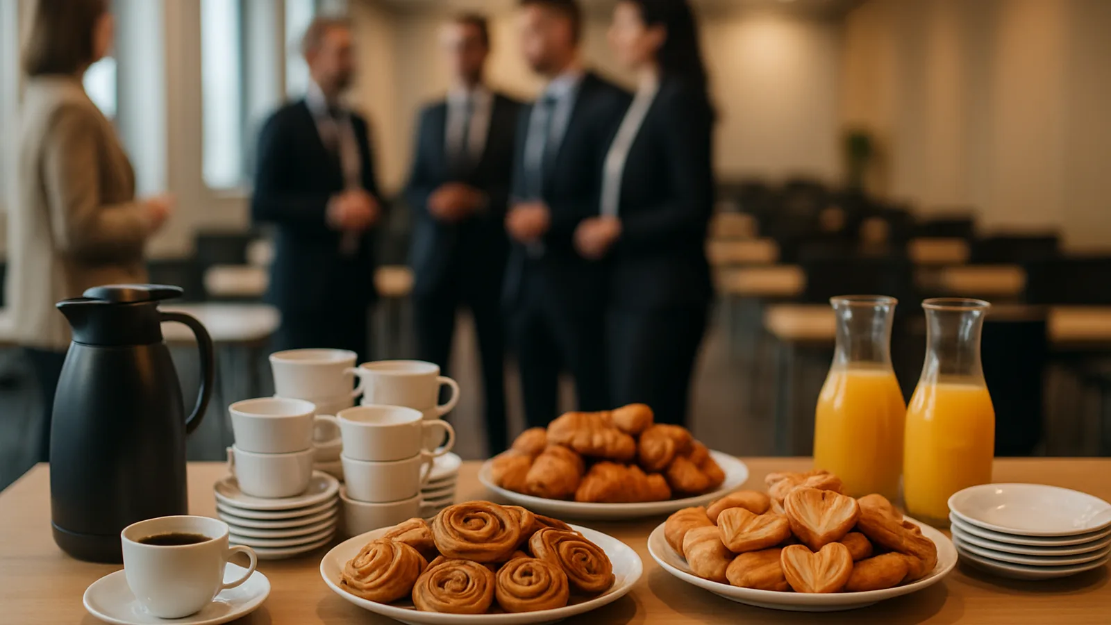 Kaffee und Gebäck im Foyer, bereitgestellt für die Konferenzpause