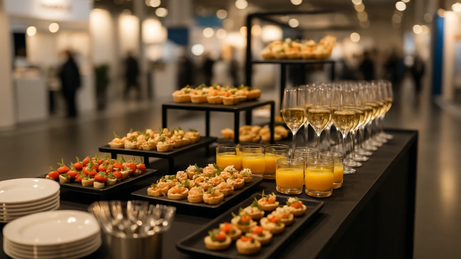 Verpflegungsstation mit Fingerfood in einer Messehalle