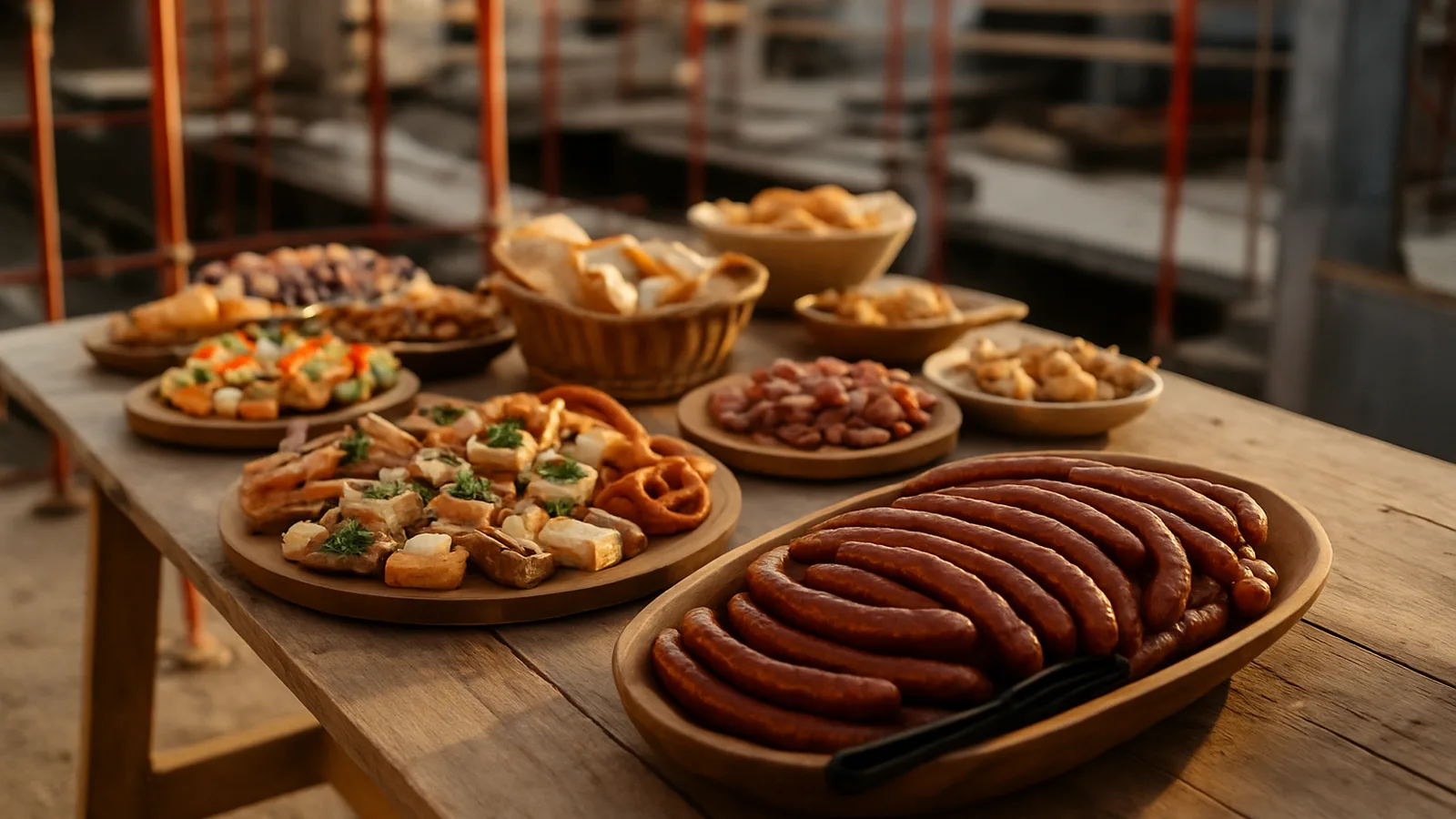 Herzhaftes Buffet mit Wurst und Braten am Rohbau eines Hauses