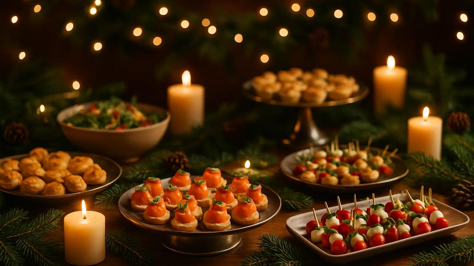 Weihnachtsbuffet mit Kerzen und Lichterketten, festlich eingedeckt