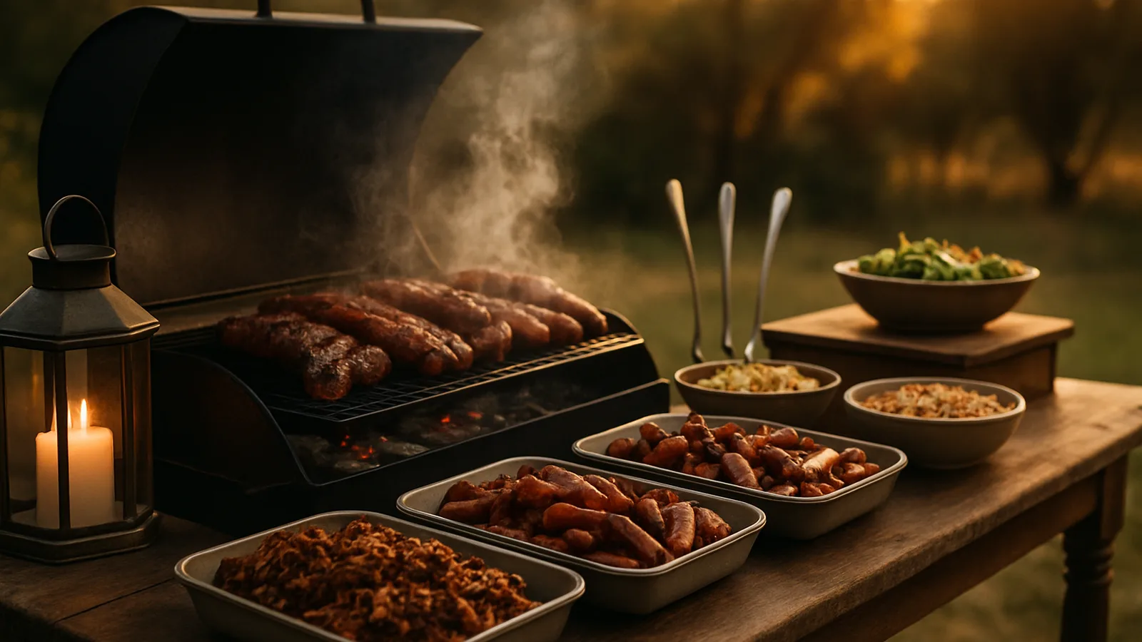 Grillstation im Freien mit Fleisch auf dem Rost und aufsteigendem Rauch