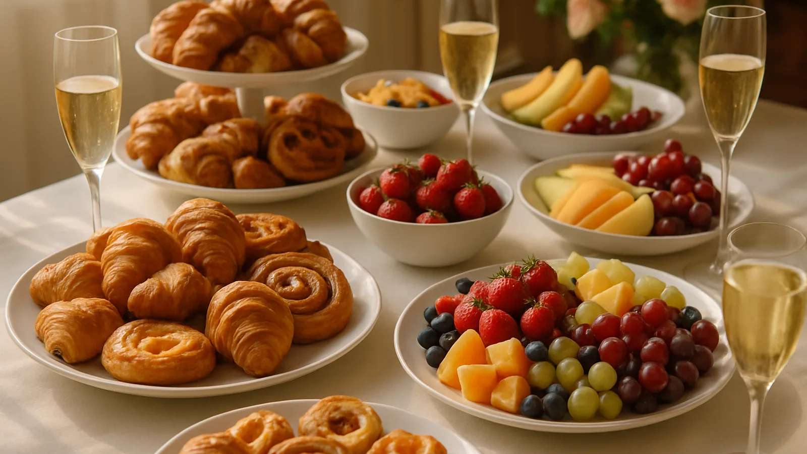 Reich bestücktes Brunchbuffet mit Gebäck, Obst und Sektgläsern