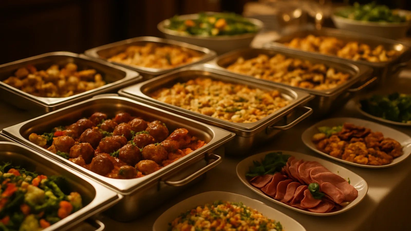 Lange Buffettafel mit warmen und kalten Speisen, angerichtet für eine Feier