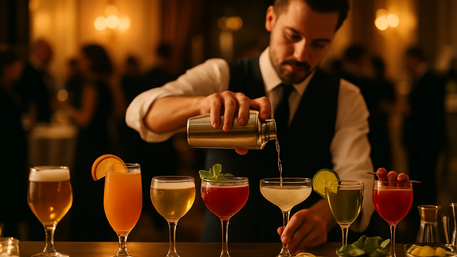 Mobile Bar mit farbigen Cocktails in Gläsern, bereit für den Empfang