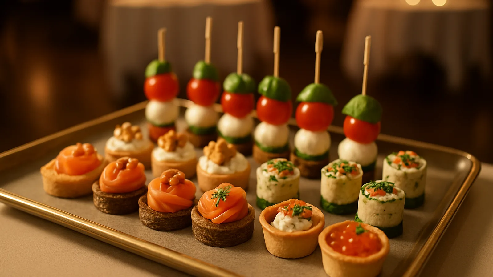 Etagere mit mehreren Ebenen voller Canapés und kleiner Häppchen