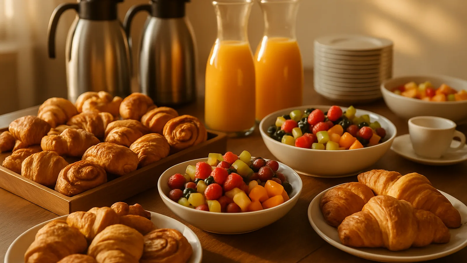 Frühstücksbuffet mit Gebäck, Früchten und Kaffeekannen