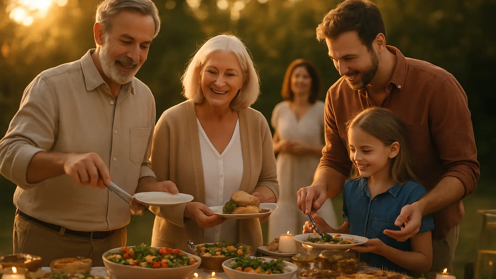 Familie feiert draußen an einem reich gedeckten Buffet