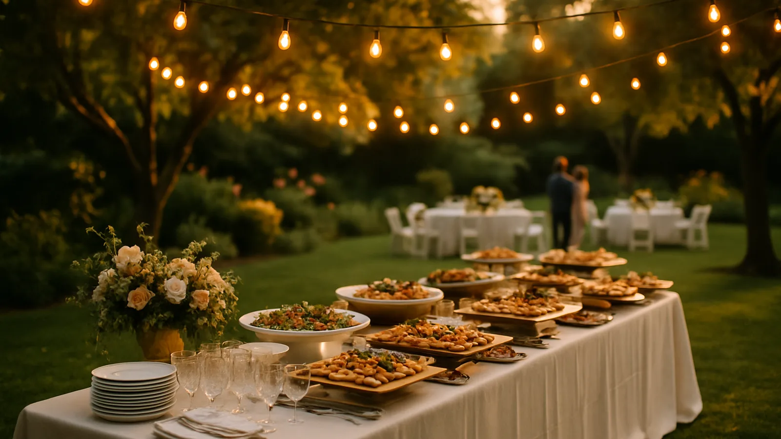 Gartenparty im Sommer mit geschmücktem Buffettisch auf der Terrasse