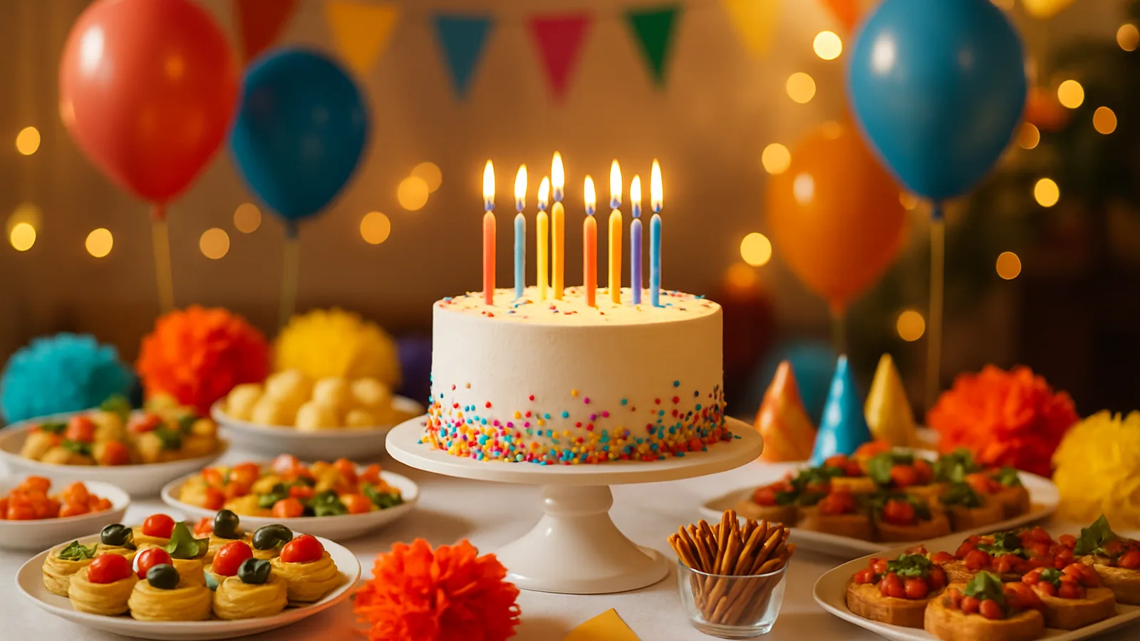 Geburtstagsbuffet mit Torte und Fingerfood auf farbigem Tischtuch