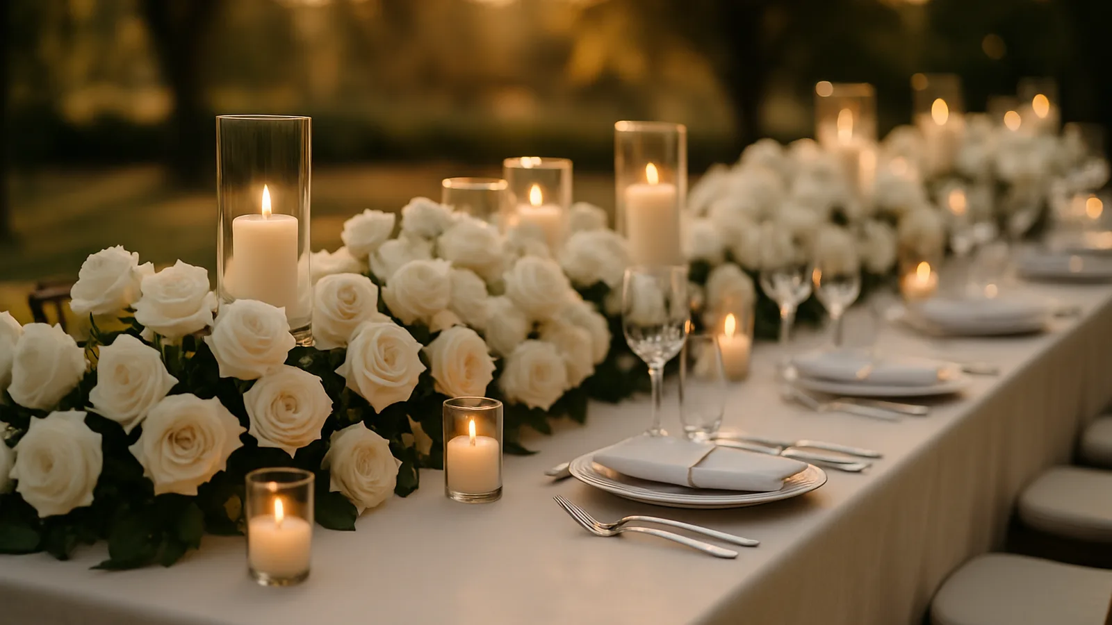 Festliche Hochzeitstafel mit weißen Rosen im Kerzenschein