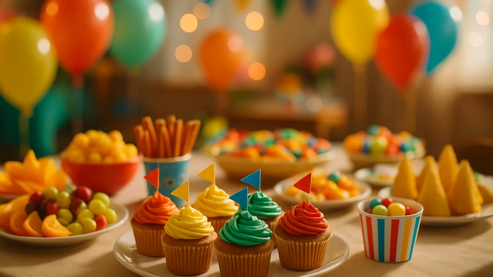 Geburtstagstisch für Kinder mit farbigen Snacks, Luftballons und Kerzen