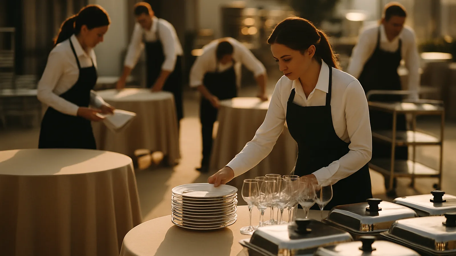 Team stellt Tische und Ausstattung für ein Catering auf