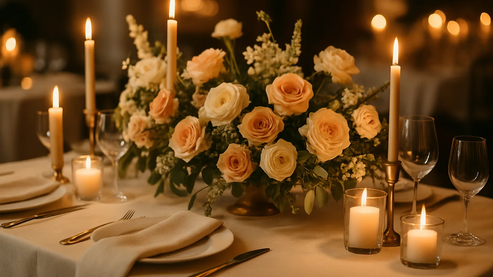 Festlich gedeckter Tisch mit Blumen und Kerzen