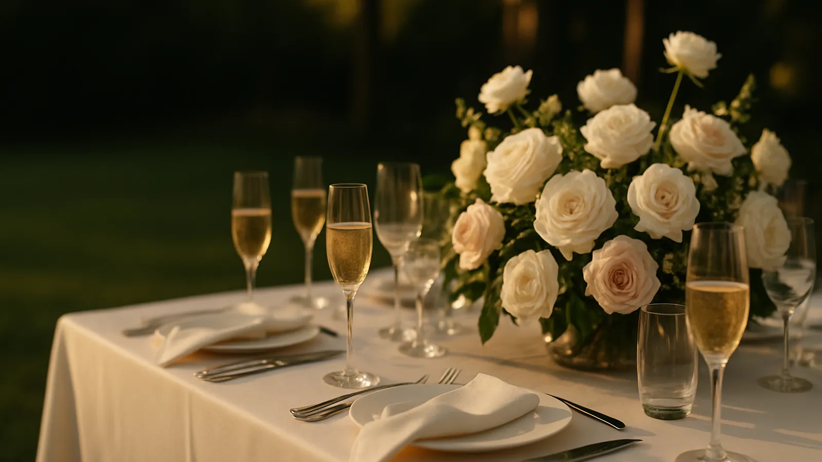 Festlich gedeckte Tafel mit Rosen und Kerzen im warmen Abendlicht