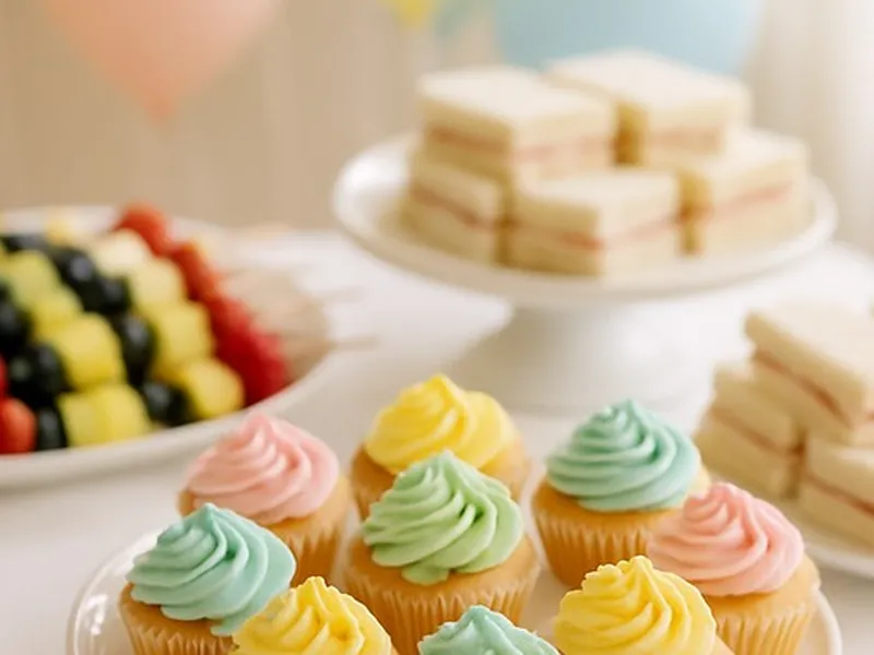 Kinderbuffet mit bunten Schalen und Snacks