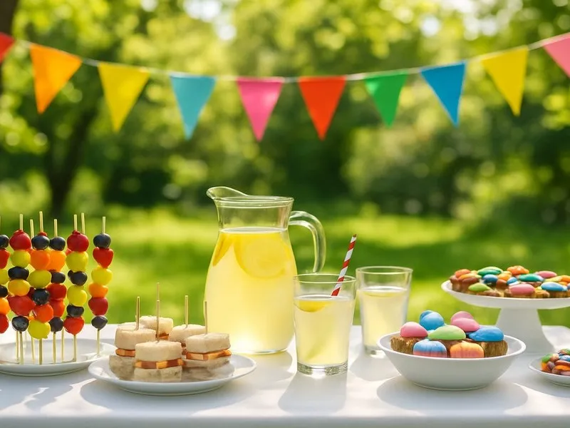 Buntes Kindergeburtstags-Buffet mit dekorierter Torte und Obstspießen – Private Feiern Catering Flensburg Buntes Kindergeburtstags-Buffet mit dekorierter Torte und Obstspießen