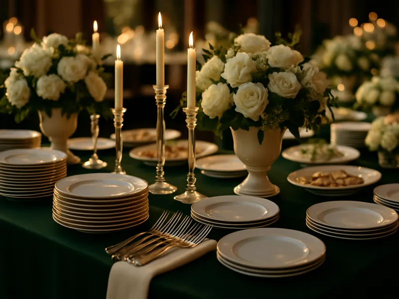 Festliche Tafel mit Kerzen und weißen Blumen im Schein der Abendsonne